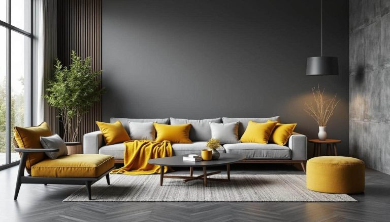 découvrez comment le jaune moutarde apporte une touche de chaleur et de dynamisme aux tons gris d'une décoration sobre et élégante.