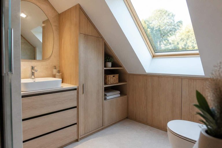 découvrez comment la conception d'une menuiserie sur mesure permet d'optimiser l'espace dans une petite salle de bain sous pente, alliant fonctionnalité et esthétique pour un aménagement pratique et élégant.