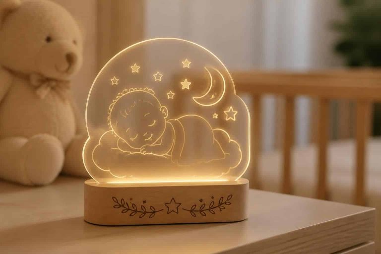 découvrez comment la gravure laser sur socle en bois magnifie une lampe personnalisée avec le prénom de votre bébé, pour un cadeau unique et précieux.