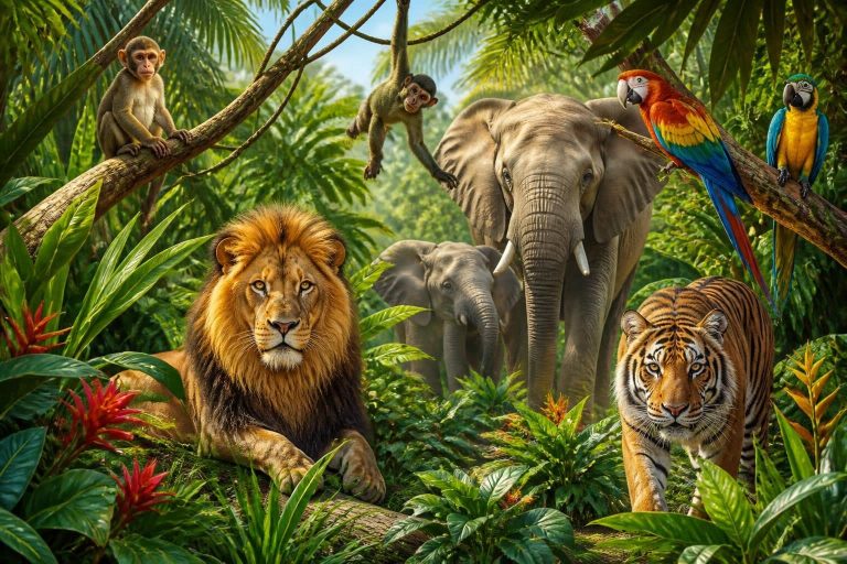 découvrez un papier peint pour enfant garçon orné d'animaux de la jungle, apportant dynamisme et aventure à la décoration de sa chambre.