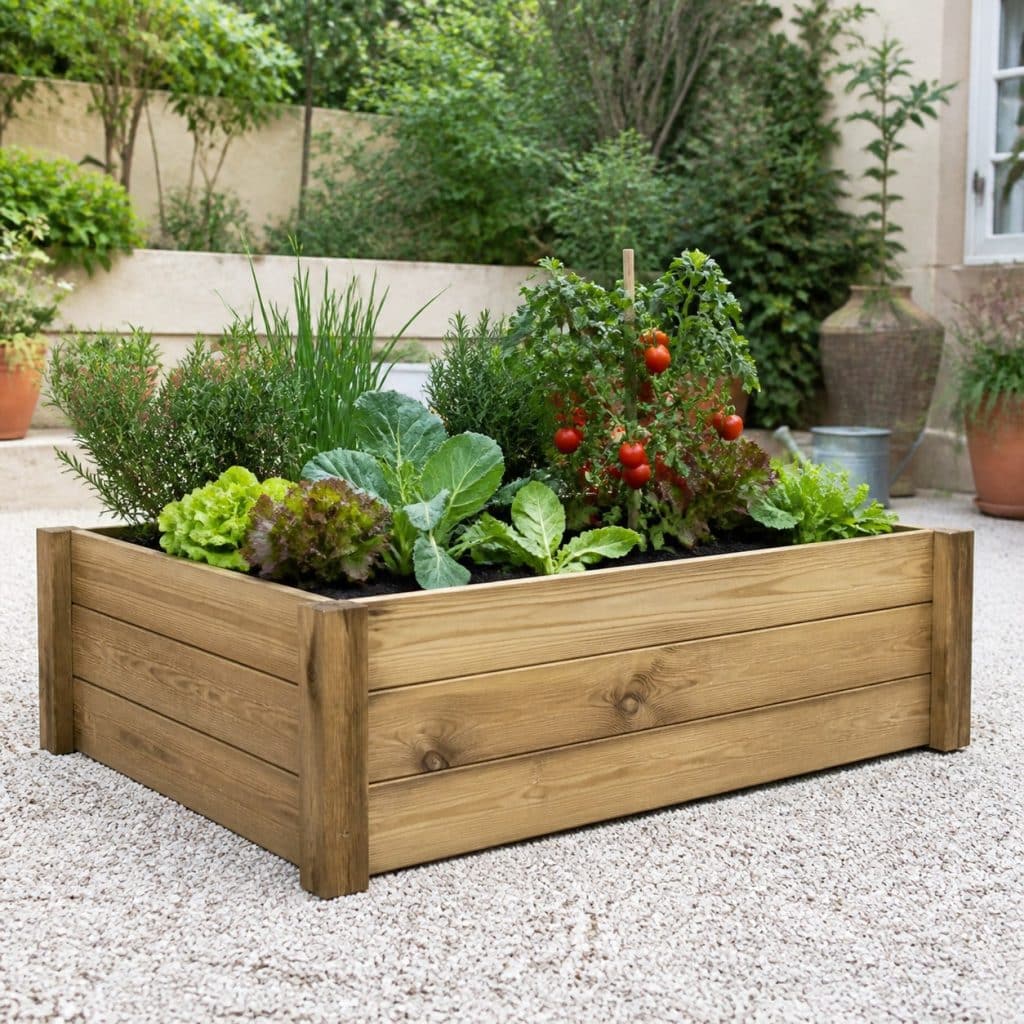 Bac potager rectangulaire en bois présenté seul