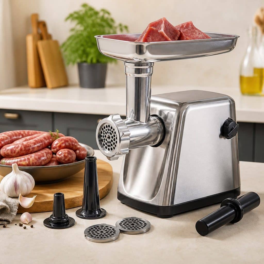 Hachoir à viande avec accessoires saucisses présenté seul
