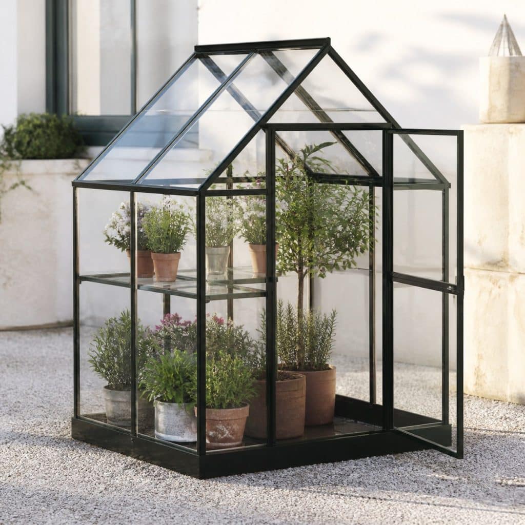 Petite serre en verre présentée seule