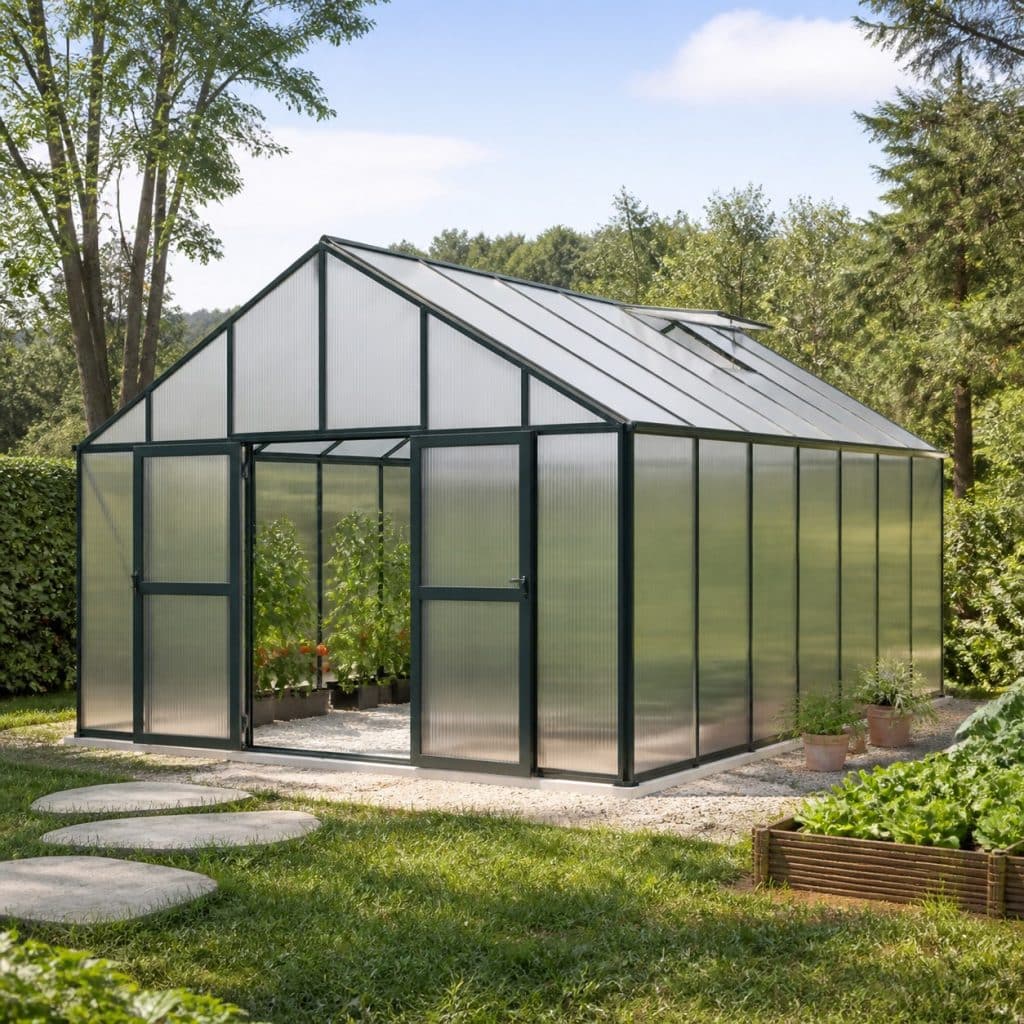 Serre polycarbonate 18 m² présentée seule