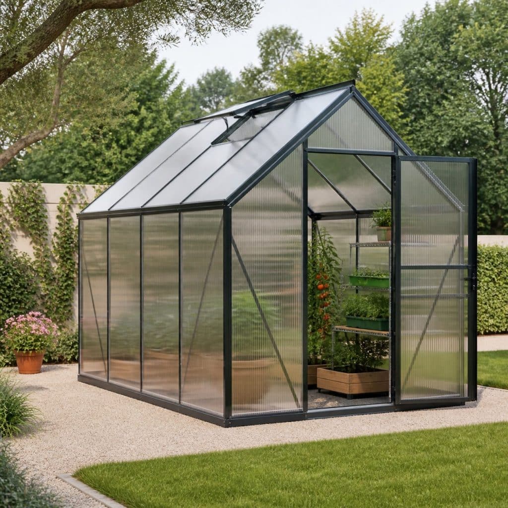 Serre polycarbonate professionnelle présentée seule
