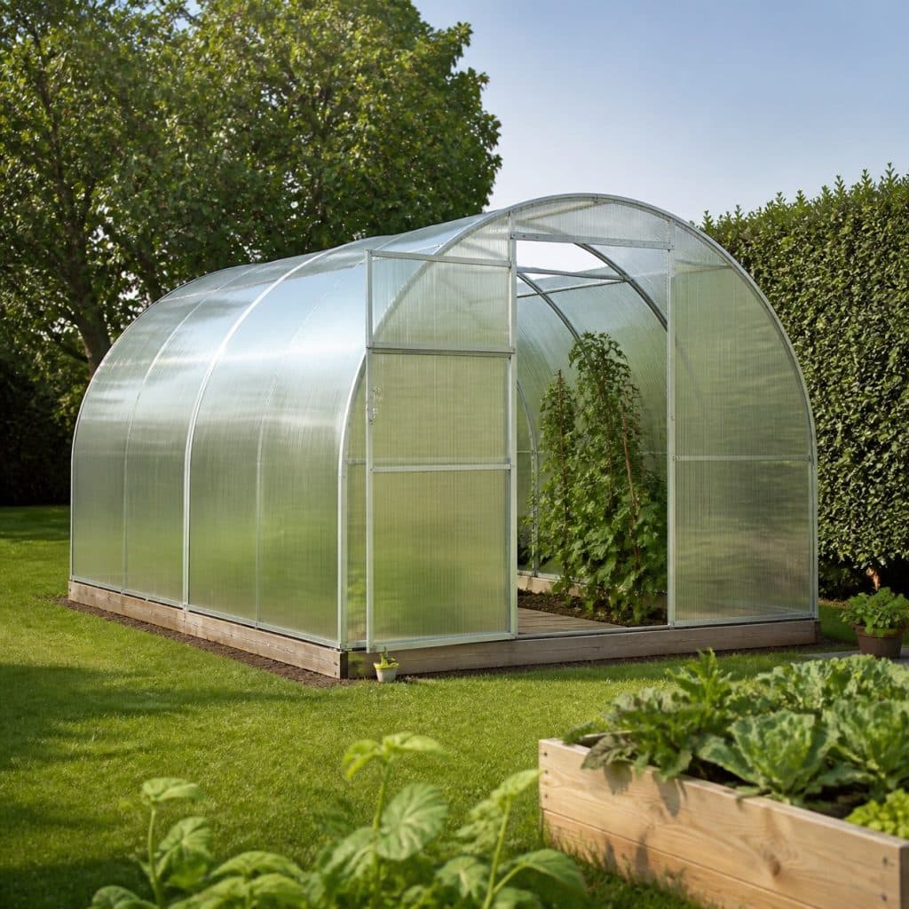 Serre tunnel à panneaux polycarbonate présentée seule