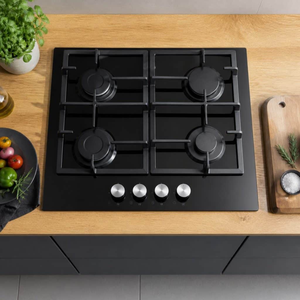 Table de cuisson gaz 4 feux sécurisée présentée seule
