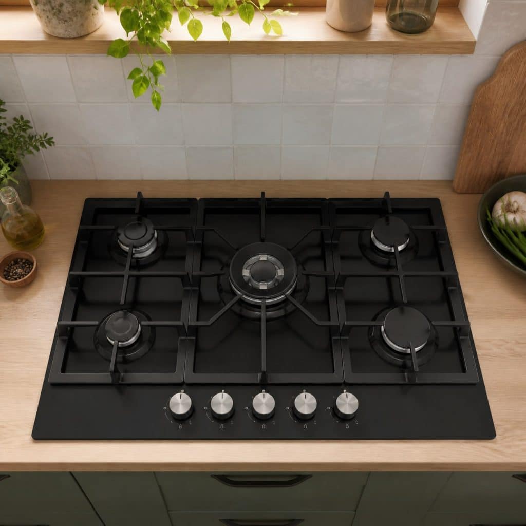 Table de cuisson gaz 5 feux large présentée seule