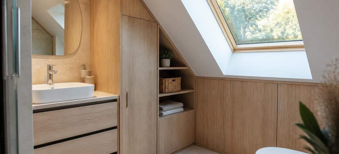 découvrez comment la conception d'une menuiserie sur mesure permet d'optimiser l'espace dans une petite salle de bain sous pente, alliant fonctionnalité et esthétique pour un aménagement pratique et élégant.