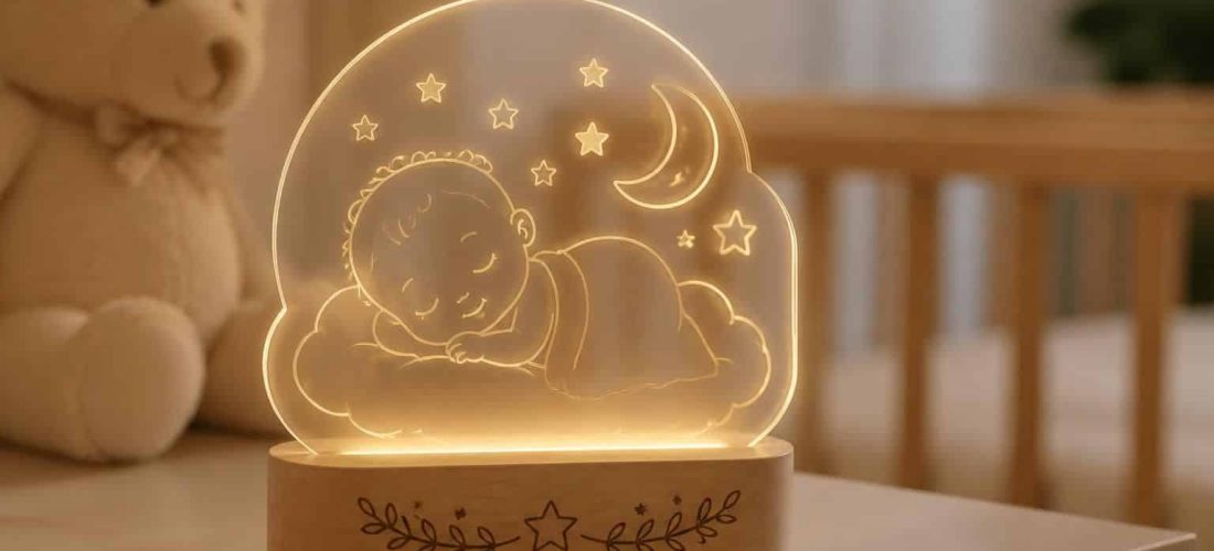 découvrez comment la gravure laser sur socle en bois magnifie une lampe personnalisée avec le prénom de votre bébé, pour un cadeau unique et précieux.