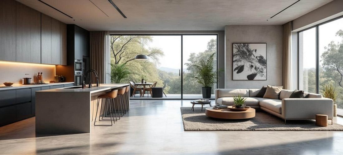 le béton ciré offre une continuité esthétique parfaite, créant une unité visuelle harmonieuse entre la cuisine et le salon pour un espace moderne et élégant.