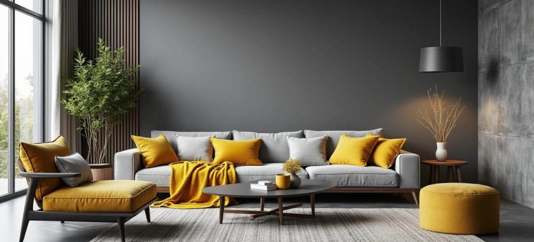 découvrez comment le jaune moutarde apporte une touche de chaleur et de dynamisme aux tons gris d'une décoration sobre et élégante.